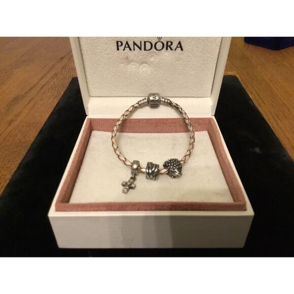 Pandora braided leather Bracelet w/3 ALE 925 charms Hedgehog,Cross,Bead In Box - Picture 3 of 10